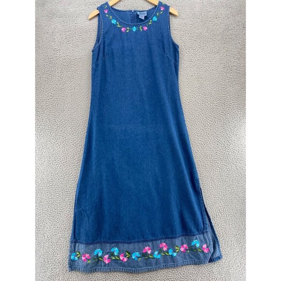 Sarin Dress Womens Small Blue Chambray Jumper Embroidered Floral Midi Sleeveless - Picture 1 of 10